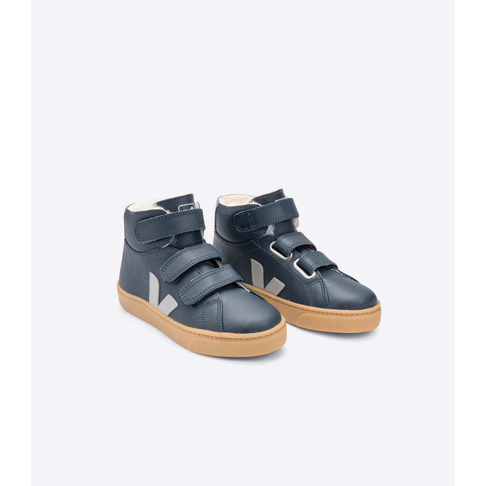 Kids' Veja ESPLAR MID FURED LEATHER High Tops Navy | SG 686EBC